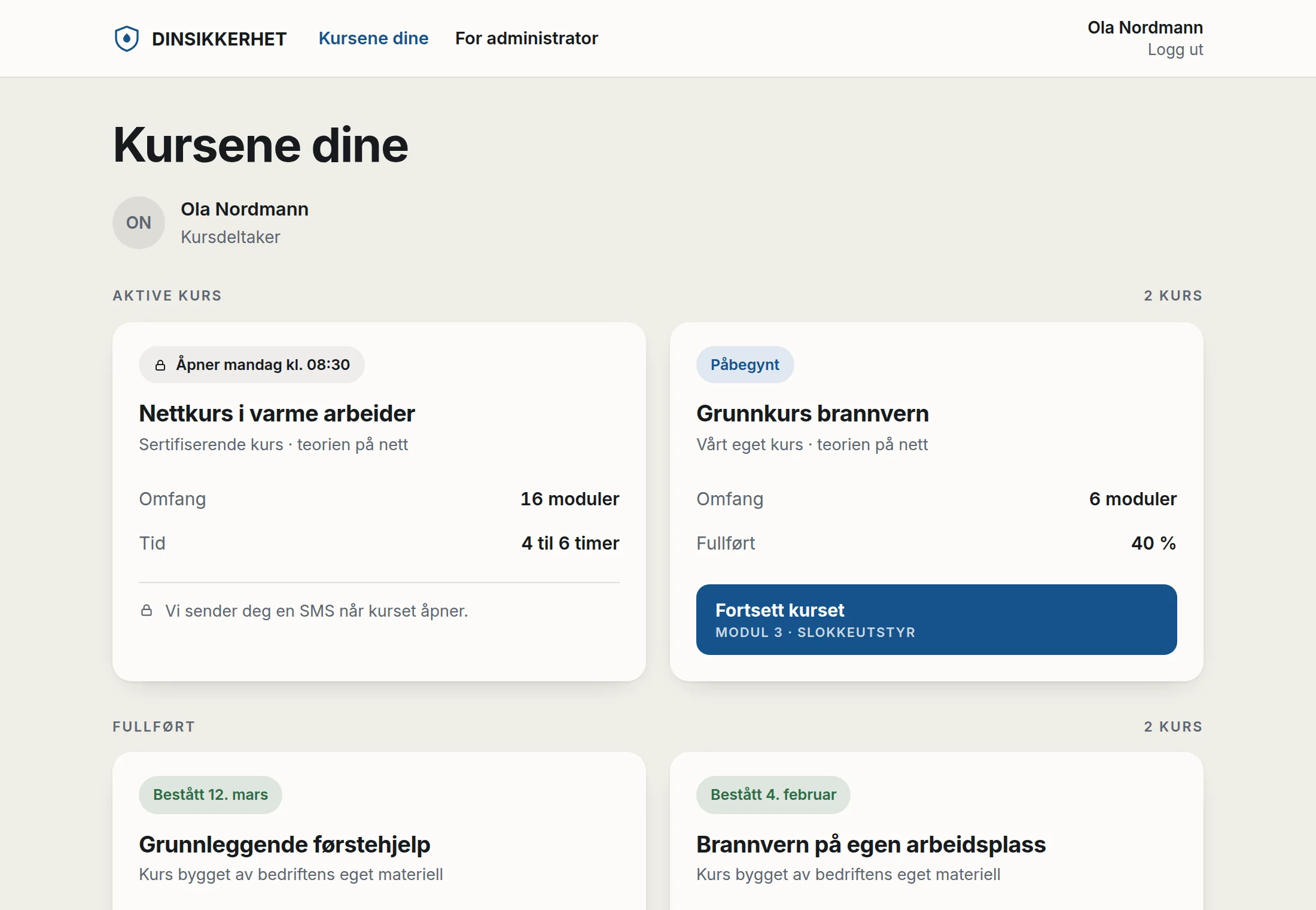 Skjermbilde fra portalen: «Kursene dine» viser deltakerens aktive kurs, når kurset åpner, hvor mange moduler det har, og hvor langt deltakeren er kommet.
